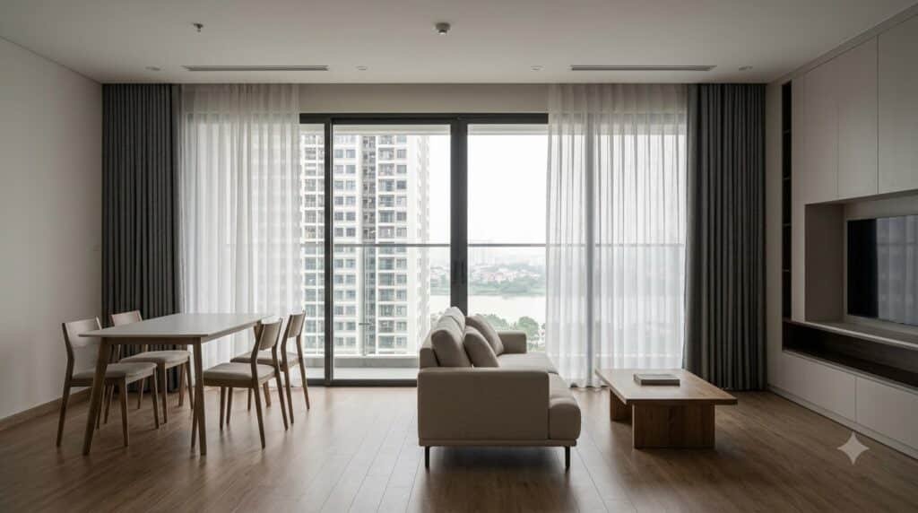 Rèm hai lớp từ trần xuống sàn giúp kiểm soát ánh sáng tại Sunshine Riverside