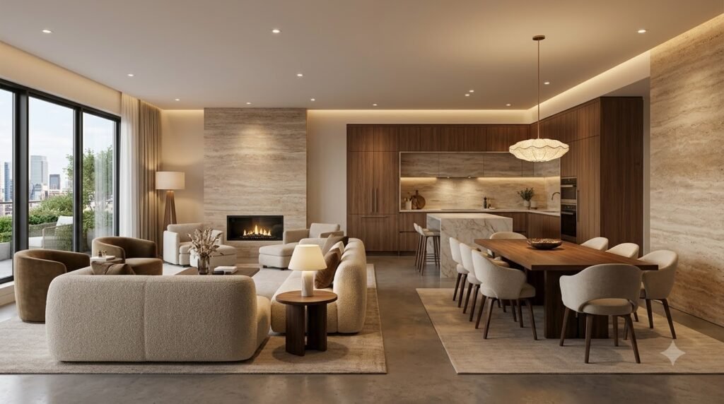 Phòng khách căn hộ D’Capitale với khu sofa và bàn ăn được tổ chức cho nhu cầu tiếp khách