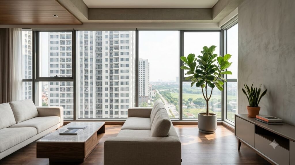 Cây xanh được bố trí có chọn lọc gần cửa kính căn hộ Park Kiara ParkCity