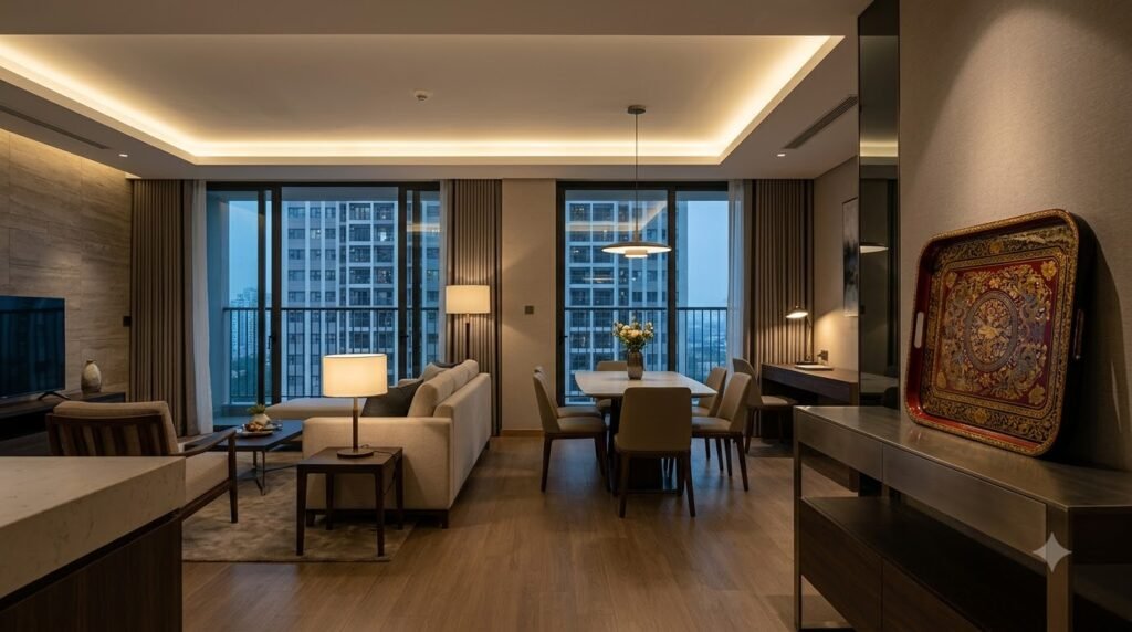 Hệ chiếu sáng nhiều lớp trong căn hộ Starlake H9 cho sinh hoạt gia đình