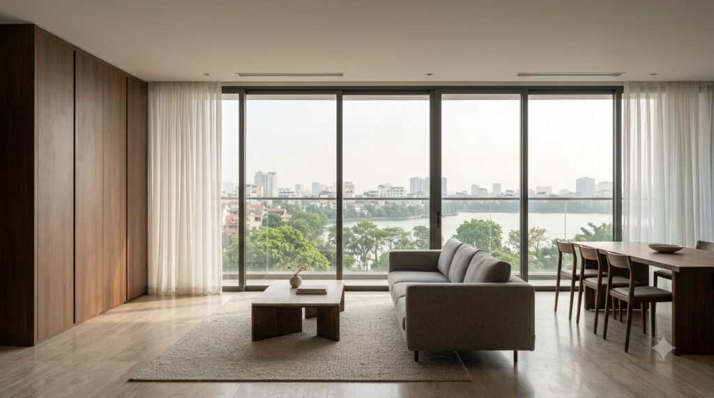 Thiết kế nội thất chung cư Vinhomes Skylake với phòng khách mở rộng về phía cửa kính và tầm nhìn