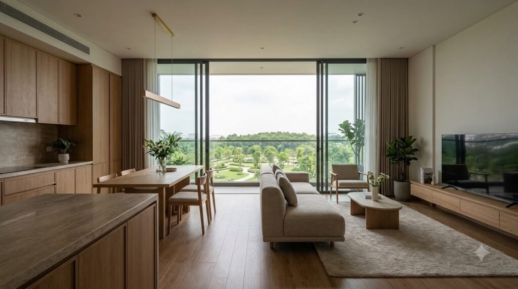 Phòng khách Park Kiara ParkCity với vật liệu tự nhiên, cây xanh và khoảng trống thoáng