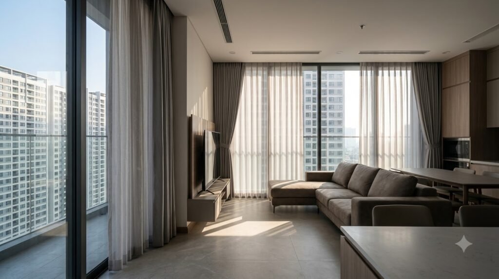 Rèm và vật liệu mờ giúp kiểm soát nắng trực tiếp trong phòng khách Sunshine Riverside