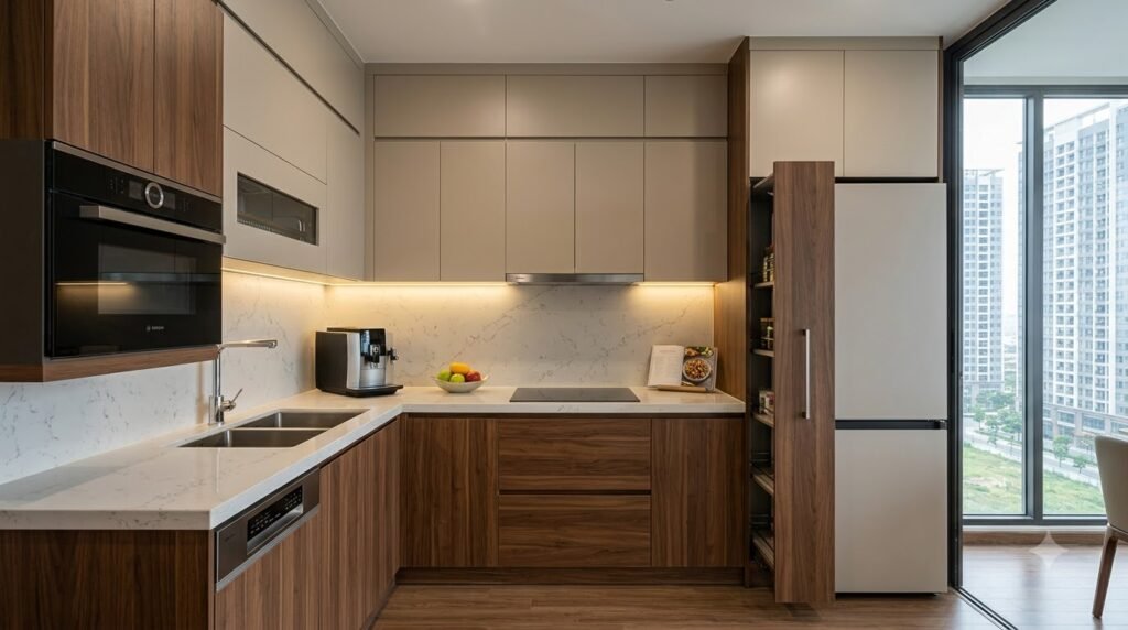 Bếp Sunshine City Ciputra được nâng cấp tủ, phụ kiện và thiết bị theo nhu cầu sử dụng