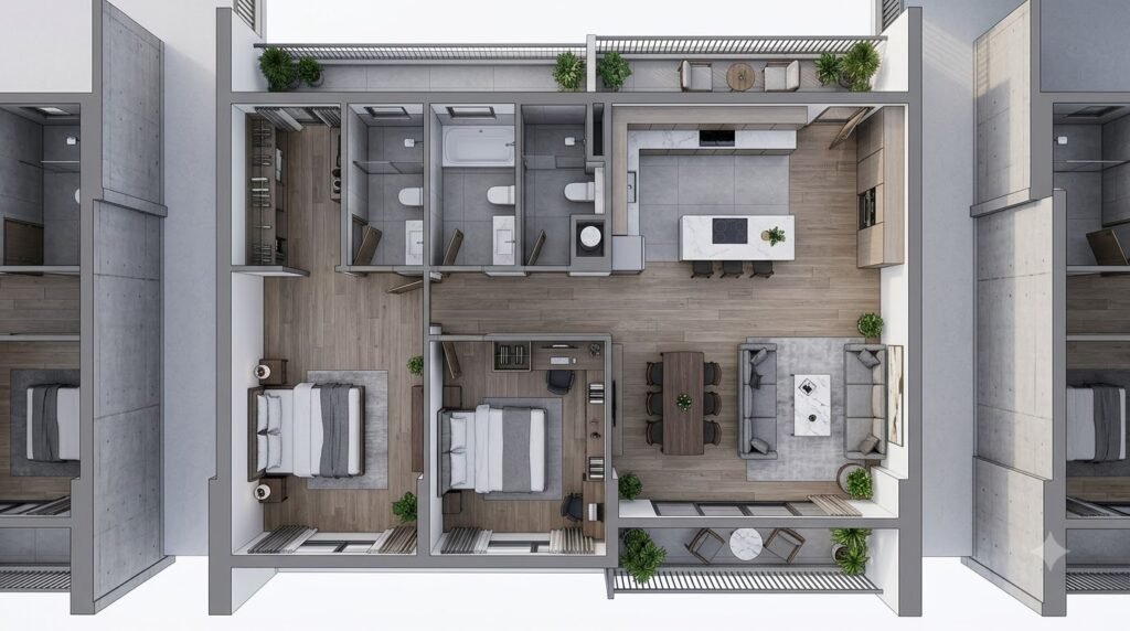 Concept mặt bằng Hà Nội Center Point với luồng đi rõ, lưu trữ và khu làm việc tại nhà
