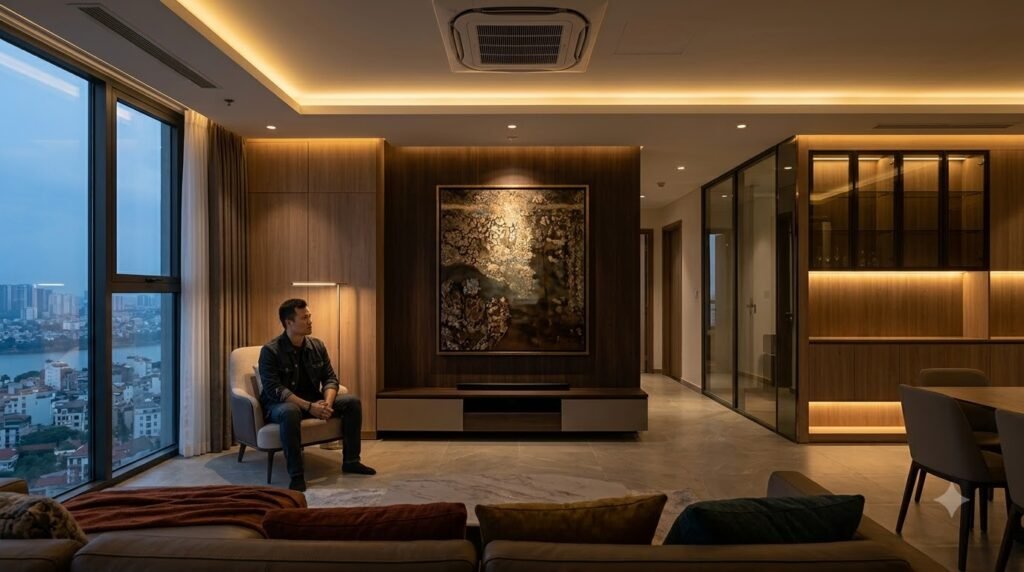Phòng khách Sunshine Riverside được bổ sung ánh sáng gián tiếp và chiếu điểm vào buổi tối
