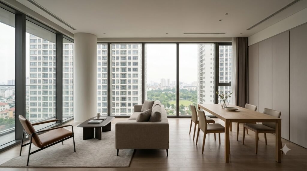 Sofa thấp và bàn ăn đúng tỷ lệ giữ trục nhìn dài của The Matrix One thông thoáng