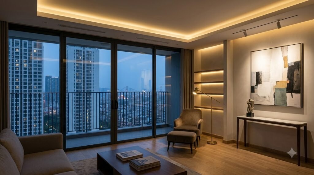 Phòng khách Sunshine City Ciputra với hệ chiếu sáng nhiều lớp sau cải tạo
