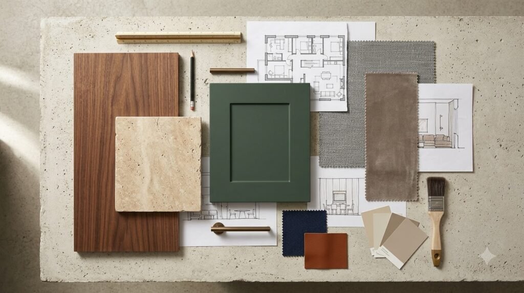 Moodboard vật liệu căn hộ D’Capitale gồm veneer, đá, vải và bề mặt dễ bảo trì