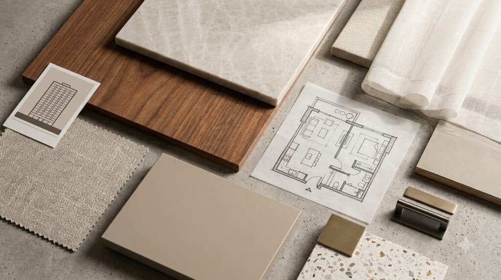 Moodboard gỗ veneer, đá, vải và kim loại cho căn hộ The Matrix One