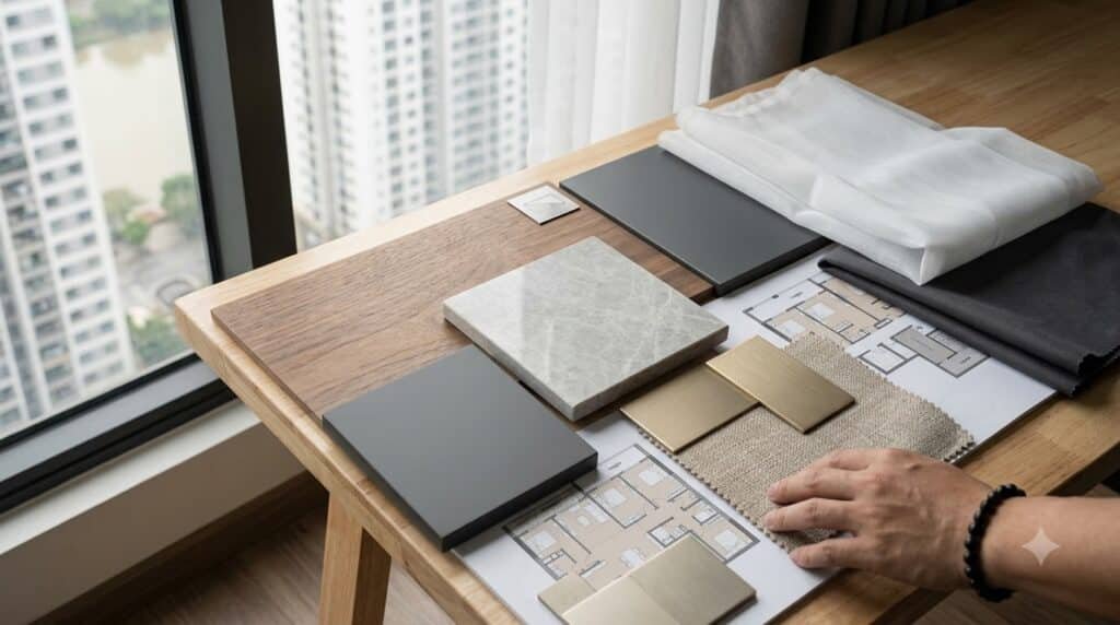 Moodboard vật liệu mờ và vải rèm cho căn hộ Sunshine Riverside nhiều ánh sáng