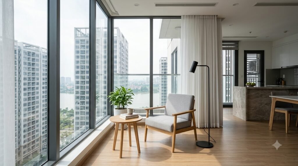 Ghế và bàn phụ Sunshine Riverside được đặt gần cửa kính nhưng tránh vùng nắng trực tiếp