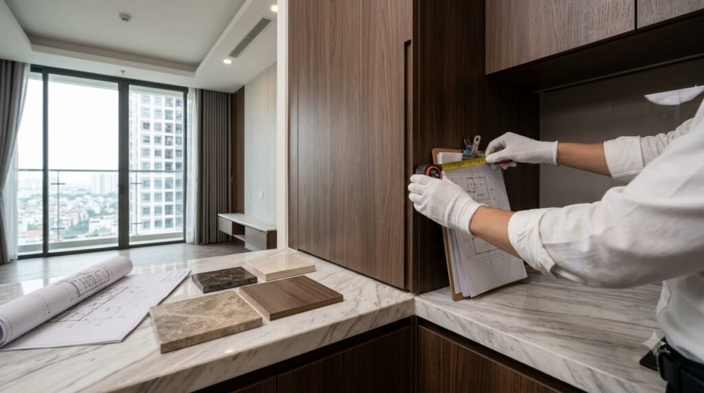Kiến trúc sư kiểm tra hệ tủ, vật liệu và chi tiết hoàn thiện căn hộ trước bàn giao