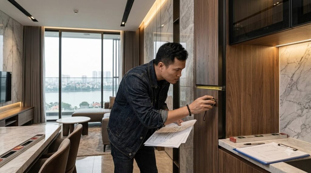 Kiến trúc sư kiểm tra đường nối đá, veneer và kim loại trong căn hộ cao cấp Heritage West Lake