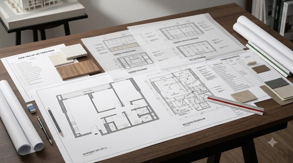 Bộ bản vẽ kỹ thuật nội thất gồm điện, trần, tủ và chi tiết thi công căn hộ