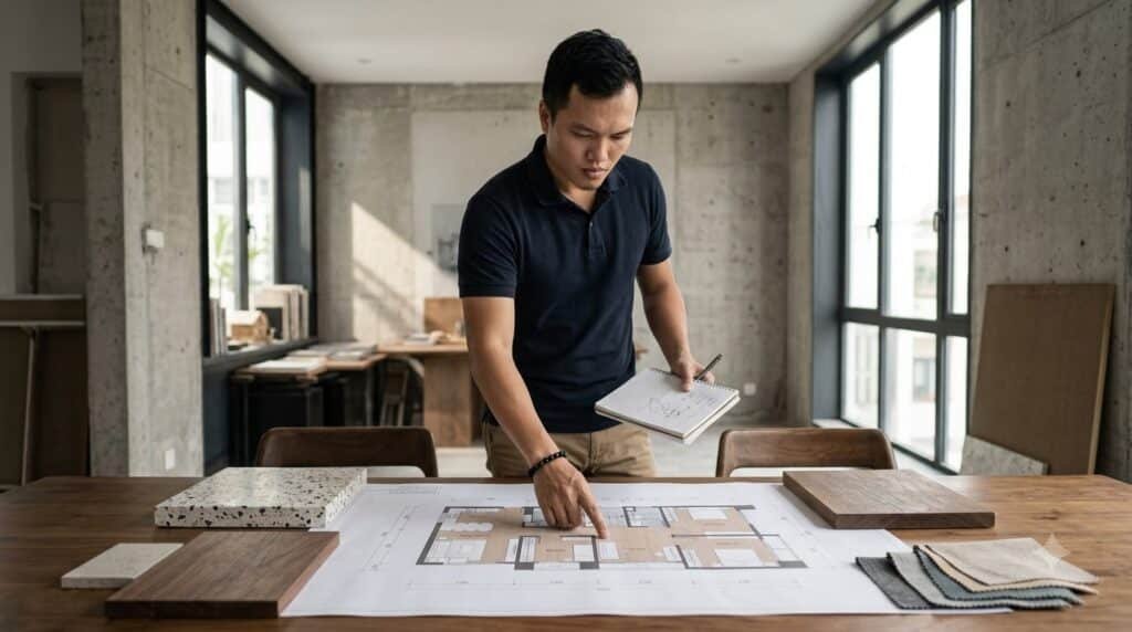 KTS Nguyễn Trung Thành trao đổi nhu cầu và đọc mặt bằng căn hộ cùng gia chủ