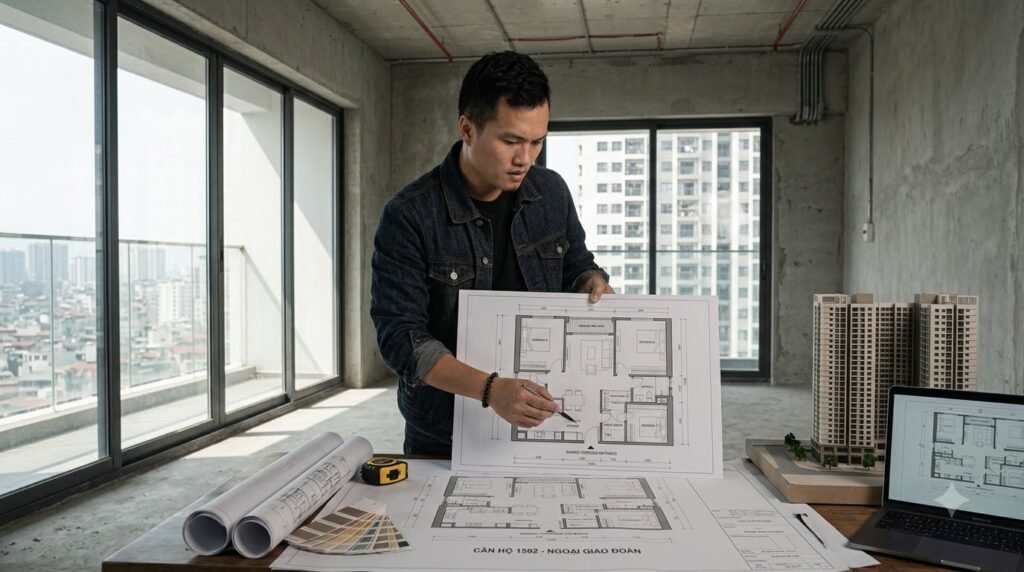 KTS Nguyễn Trung Thành xem mặt bằng và hiện trạng căn hộ trước khi phát triển phương án thiết kế