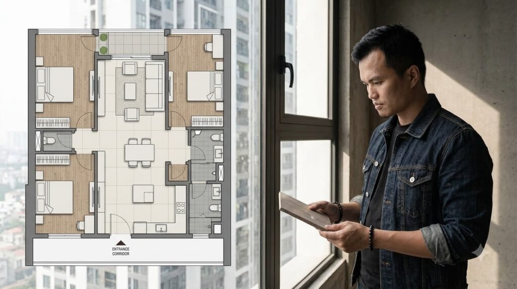 KTS Nguyễn Trung Thành kiểm tra hướng nắng và vùng cửa kính trước khi thiết kế nội thất