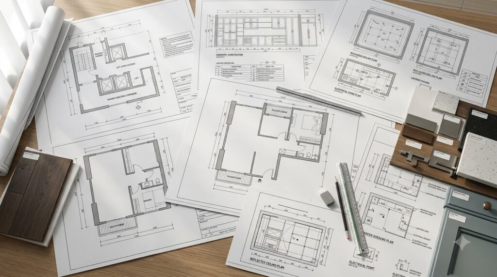 Bản vẽ kỹ thuật hệ tủ, trần, điện và chi tiết nội thất căn hộ Ngoại Giao Đoàn
