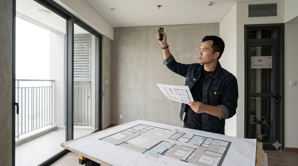 KTS Nguyễn Trung Thành đo hiện trạng và đối chiếu bản vẽ căn hộ sau bàn giao