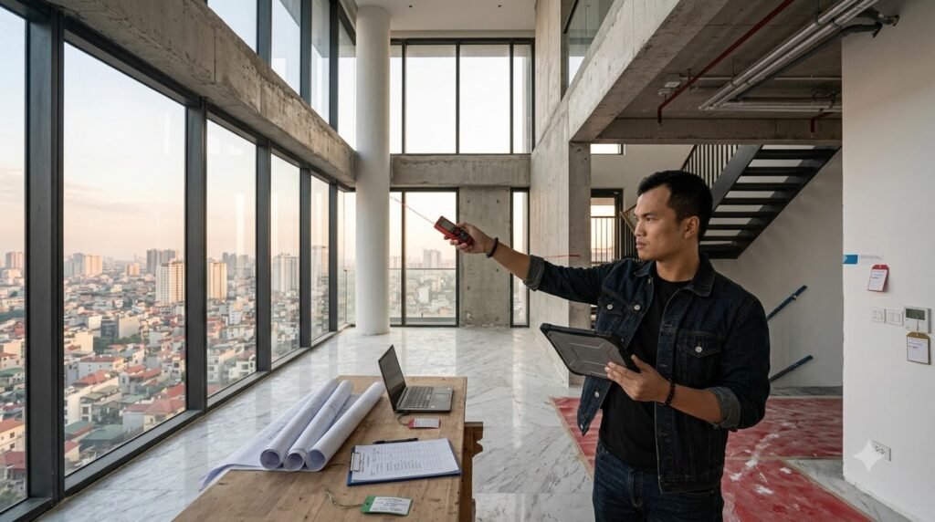 Kiến trúc sư kiểm tra căn Sky Villa chung cư cao tầng Noble Crystal Tây Hồ bằng máy đo laser và hồ sơ bàn giao