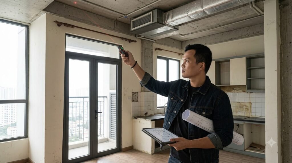 Kiến trúc sư khảo sát căn hộ chung cư Vinhomes Royal City bằng máy đo laser và bản vẽ kỹ thuật
