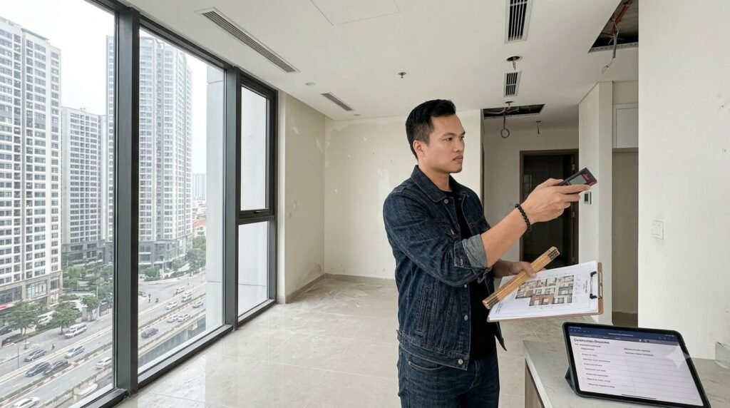 Kiến trúc sư khảo sát căn hộ chung cư Lumi Hanoi mới bàn giao bằng máy đo laser và bản vẽ kỹ thuật