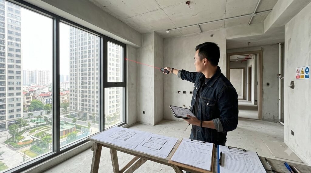 Kiến trúc sư khảo sát căn hộ chung cư The Senique Hanoi bằng máy đo laser trước khi khóa hồ sơ thi công