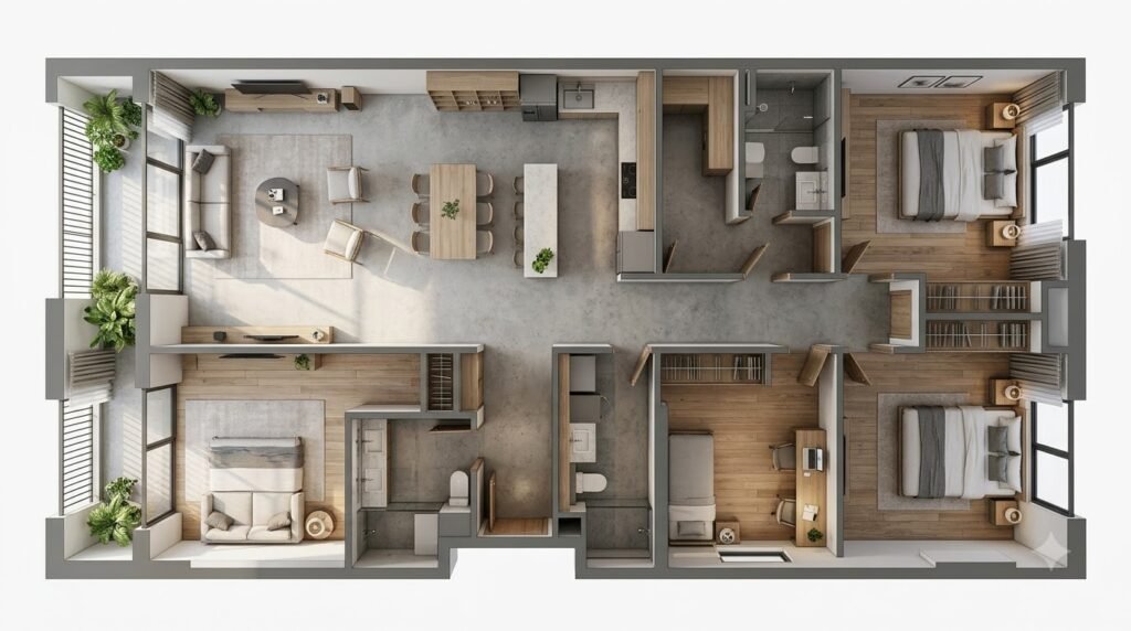 Mặt bằng căn hộ Vinhomes D’Capitale được tổ chức theo khu sinh hoạt chung, riêng tư và làm việc
