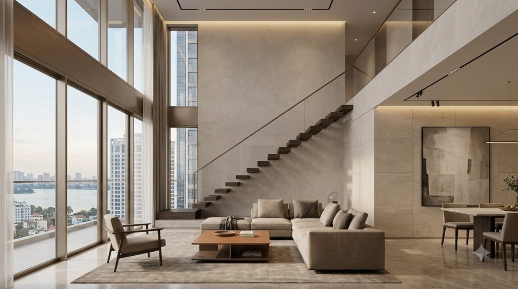 Concept phòng khách Sky Villa Noble Crystal Tây Hồ với không gian thông tầng, kính lớn và nội thất đúng tỷ lệ căn hộ cao tầng