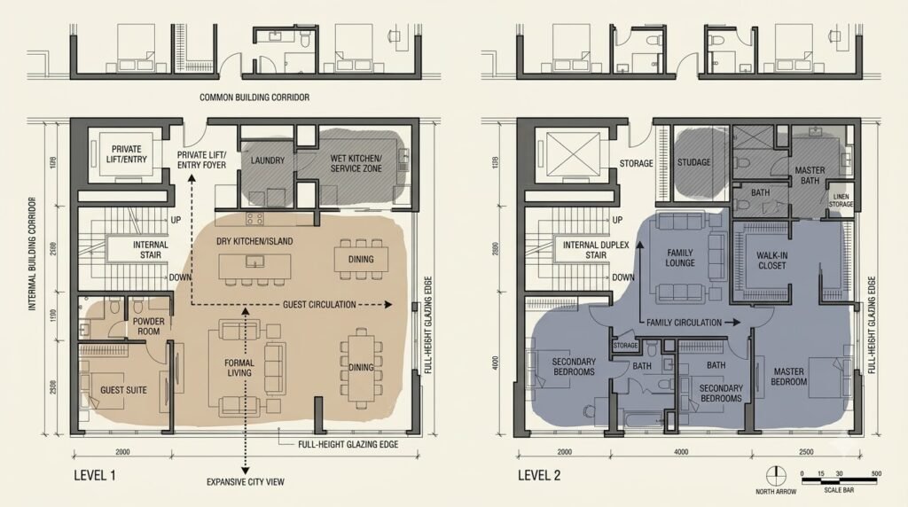 Sơ đồ concept phân khu khách, gia đình và phục vụ trong Sky Villa chung cư cao tầng Noble Crystal Tây Hồ