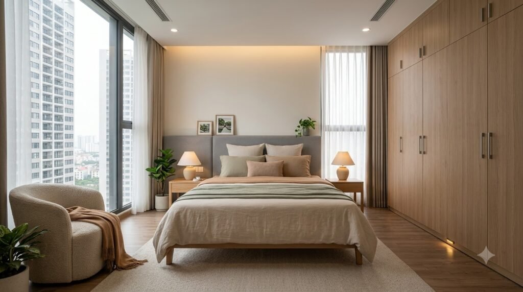 Phòng ngủ người lớn tuổi tại căn hộ Starlake H9 với lối đi rộng và nội thất vừa tầm