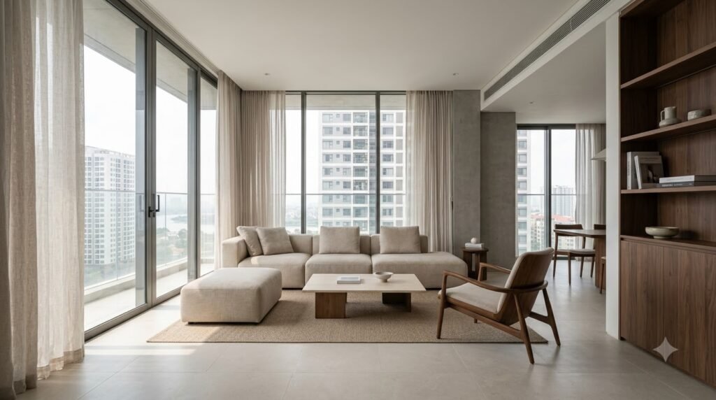 Phòng khách Sunshine Riverside nhận ánh sáng tự nhiên dịu qua cửa kính lớn
