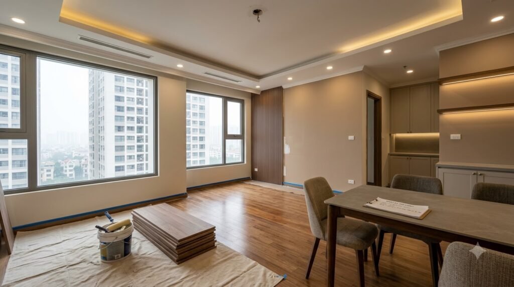 Concept cải tạo căn hộ chung cư Vinhomes Times City với bố cục gọn, ánh sáng nhiều lớp và lưu trữ có chủ đích