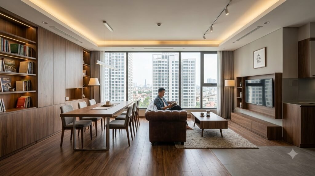 Concept cải tạo căn hộ chung cư Park Hill Premium với bố cục gọn, ánh sáng nhiều lớp và lưu trữ có chủ đích