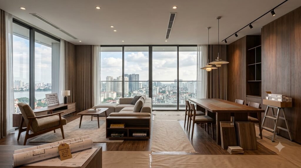 Concept cải tạo căn hộ chung cư Indochina Plaza Hanoi với bố cục gọn, ánh sáng nhiều lớp và lưu trữ có chủ đích