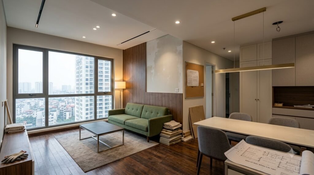 Concept cải tạo căn hộ chung cư Mandarin Garden với bố cục gọn, ánh sáng nhiều lớp và lưu trữ có chủ đích