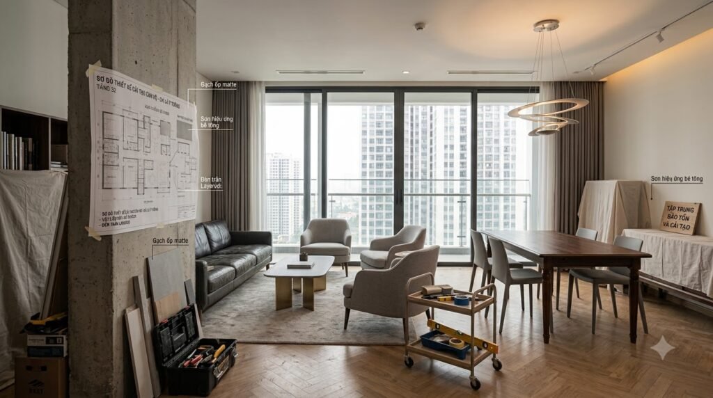Concept cải tạo căn hộ chung cư Vinhomes Royal City với bố cục gọn, ánh sáng nhiều lớp và lưu trữ có chủ đích