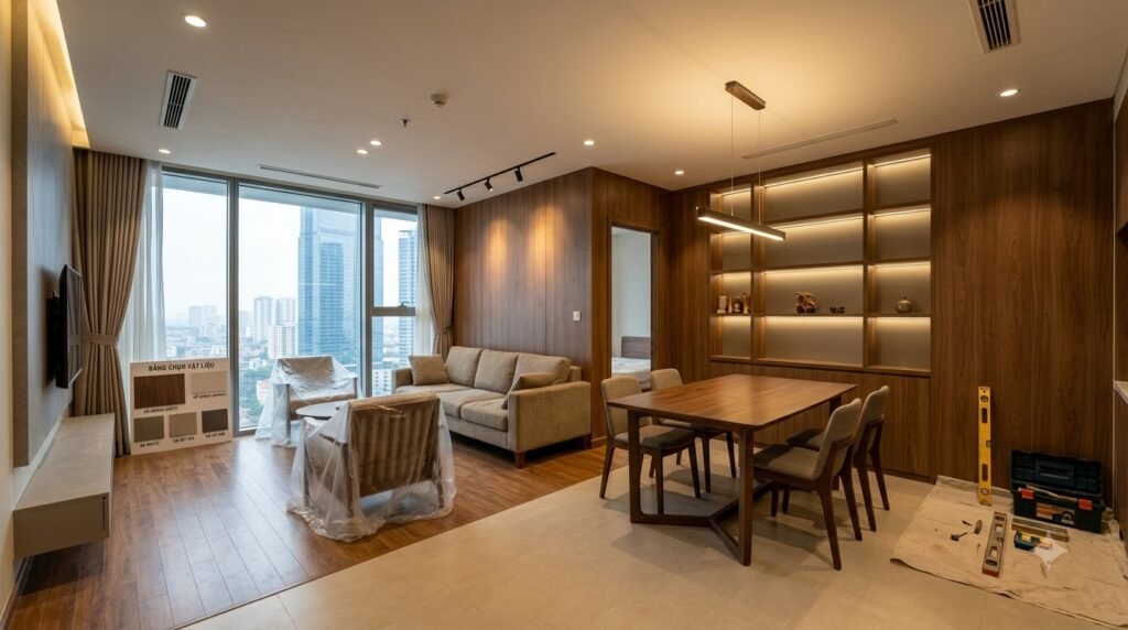 Concept cải tạo căn hộ chung cư Keangnam Landmark 72 với bố cục gọn, ánh sáng nhiều lớp và lưu trữ có chủ đích