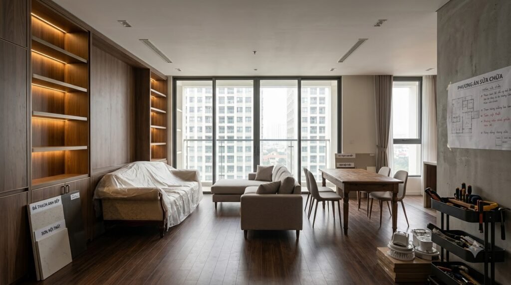 Concept cải tạo căn hộ chung cư The Manor Mễ Trì với bố cục gọn, ánh sáng nhiều lớp và lưu trữ có chủ đích