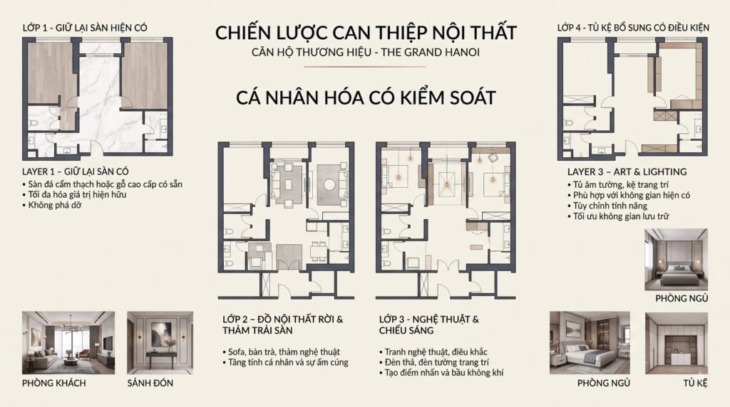 Sơ đồ phân tích lớp nền bàn giao, đồ rời, nghệ thuật và hệ tủ bổ sung trong căn hộ The Grand Hanoi