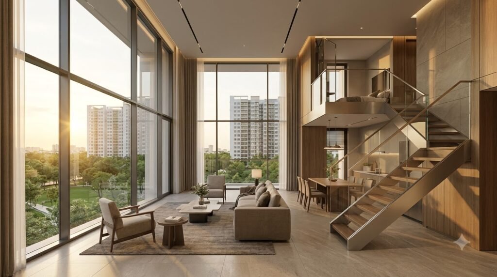 Concept Sky Villa duplex trong tòa chung cư Le Parc Place ParkCity với không gian thông tầng và view công viên