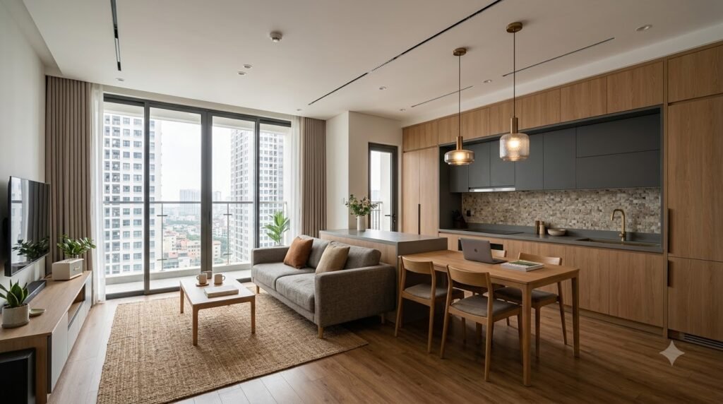 Concept nội thất căn hộ chung cư Lancaster Luminaire với bố cục gọn, ánh sáng nhiều lớp và lưu trữ có chủ đích
