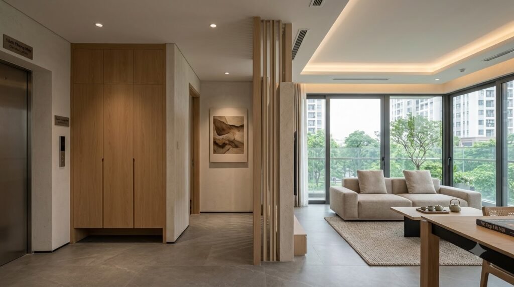 Concept căn hộ chung cư cao tầng Maison Privée Ciputra với sảnh riêng, phòng khách yên tĩnh và vật liệu contemporary tinh tế