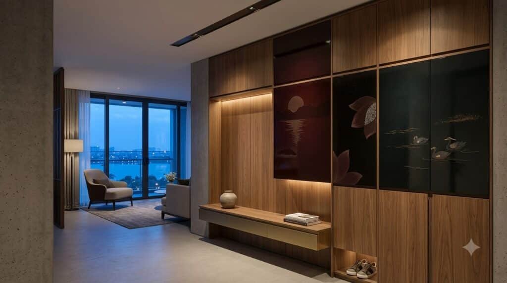 Hệ tủ sơn mài tích hợp giày áo tại sảnh căn hộ chung cư Celestine Westlake với ánh sáng buổi tối