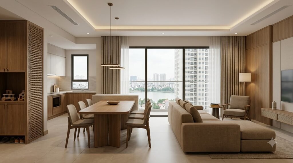 Concept phòng khách căn hộ chung cư The Senique Hanoi với khách – ăn liên tục, lưu trữ kín và vật liệu ấm cho gia đình