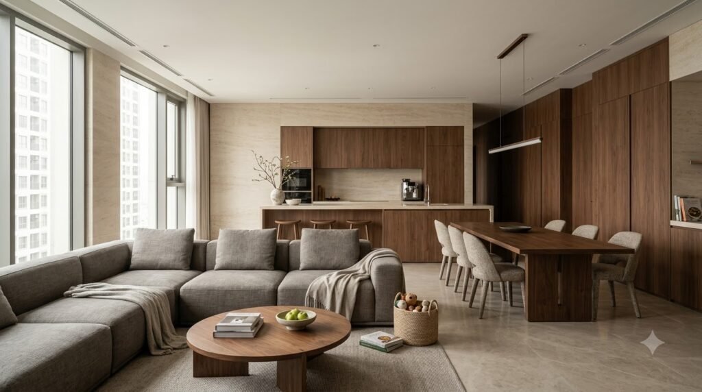 Thiết kế nội thất chung cư Vinhomes D’Capitale với phòng khách, bàn ăn và bếp liên thông cho gia đình