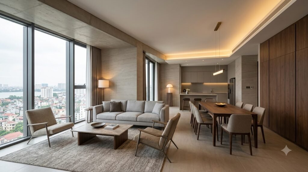 Phòng khách Starlake H9 bố trí sofa và ghế đơn theo nhóm trò chuyện