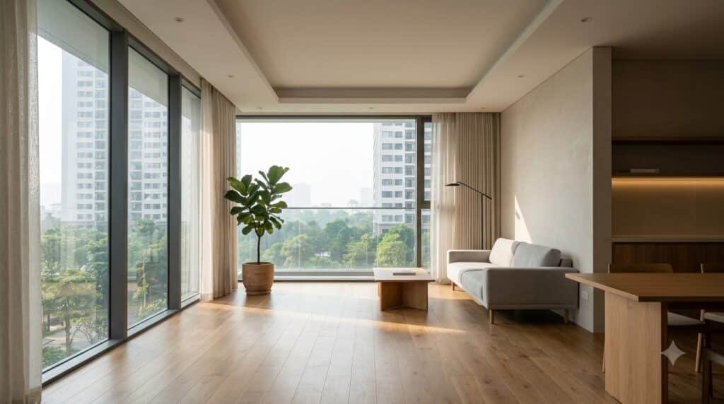 Ánh sáng tự nhiên đi sâu vào phòng khách Park Kiara ParkCity qua cửa kính lớn
