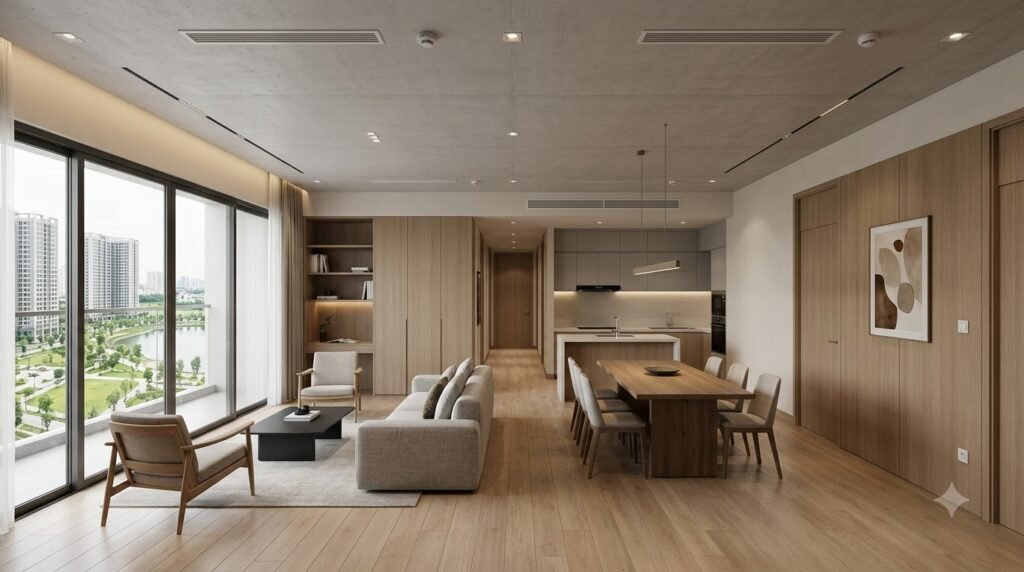 Concept căn hộ chung cư cao tầng Starlake The Prime K8 với khách – ăn – bếp mở và nội thất contemporary tinh gọn